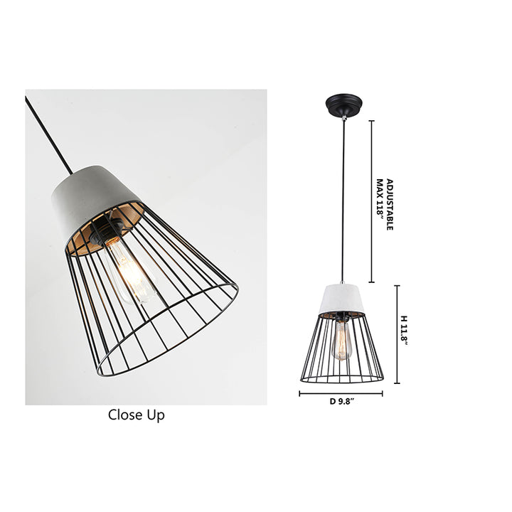 Light Grey Cement Single Pendant Light with Black Metal Cage Shade by Bethel - view 5