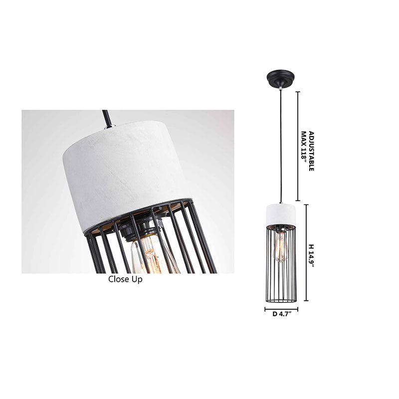 Light Grey Cement Frame Single Pendant Light with Black Metal Cage Shade by Bethel - view 4