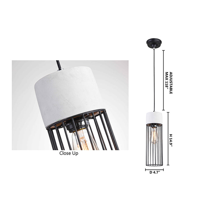 Light Grey Cement Frame Single Pendant Light with Black Metal Cage Shade by Bethel - view 4