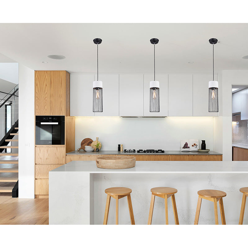 Light Grey Cement Frame Single Pendant Light with Black Metal Cage Shade by Bethel - view 5