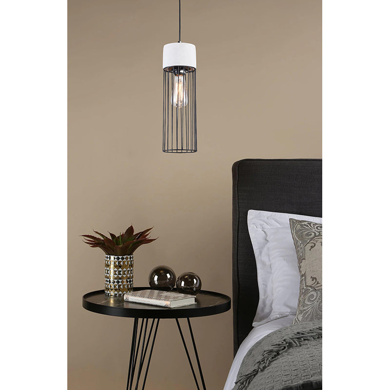 Light Grey Cement Frame Single Pendant Light with Black Metal Cage Shade by Bethel - view 6