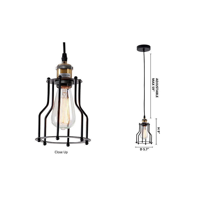 Black Cage Frame Single Pendant Light with Brass Hardware by Bethel - view 4