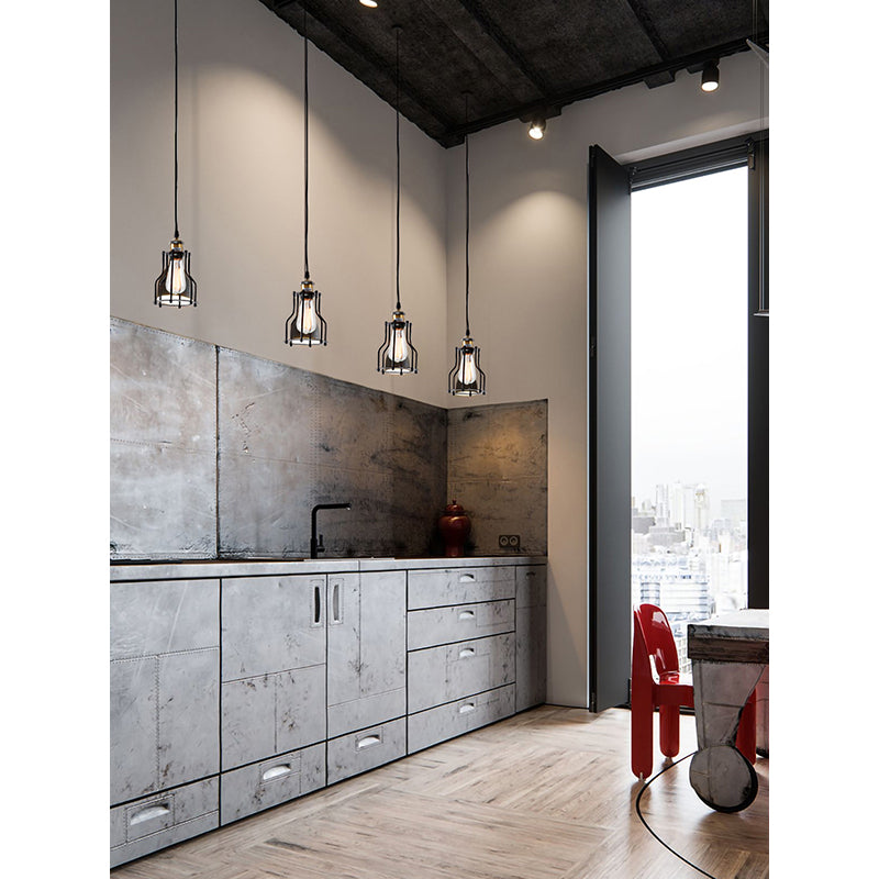 Black Cage Frame Single Pendant Light with Brass Hardware by Bethel - view 6