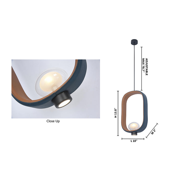 Deep Blue &amp; Brown Genuine Leather Single Pendant Light with Glass Shade