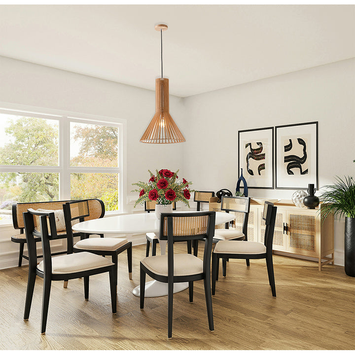 Natural Wood Single Pendant Light with Black Fabric by Bethel - view 6