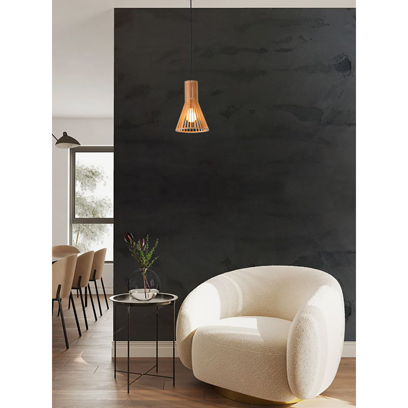 Natural Wood Frame Single Pendant Light with Black Fabric by Bethel - view 7