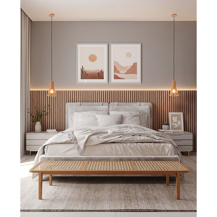 Natural Wood Frame Single Pendant Light with Black Fabric by Bethel - view 8