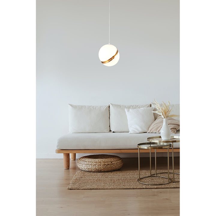 Single Pendant Ball Orb Light Fixture with Gold Metal and White Acrylic by Bethel - view 3
