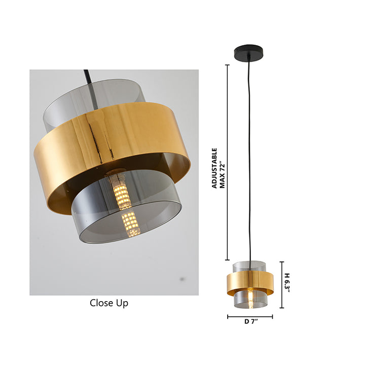 Gold Plated Single Pendant Light with Ash Grey Glass Shade &amp; Black