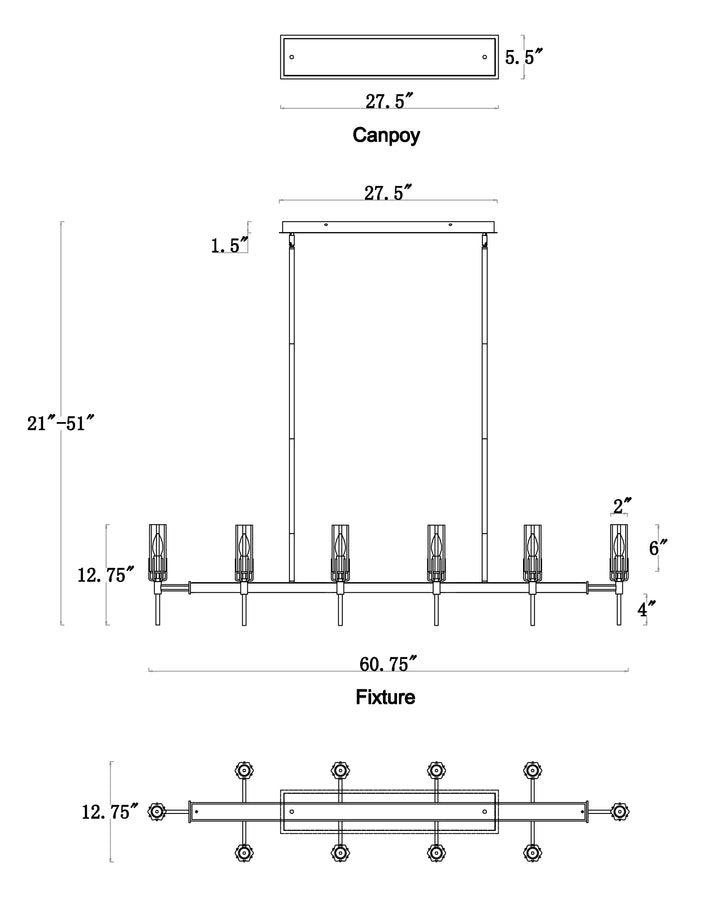Flambeau 60" Linear Pendant dimensions diagram