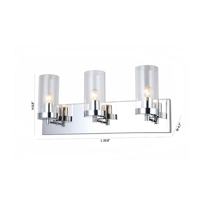 Three Light Chrome Frame Wall Sconce with Clear Glass Cylinder Shades by Bethel - view 4