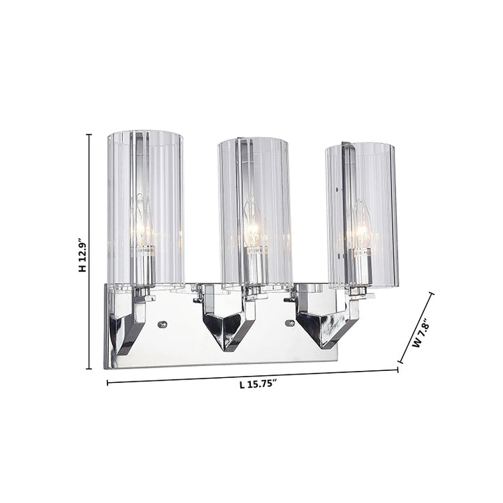 Chrome Frame Three Light Wall Sconce with Clear Glass Cylinder Shades by Bethel - view 4