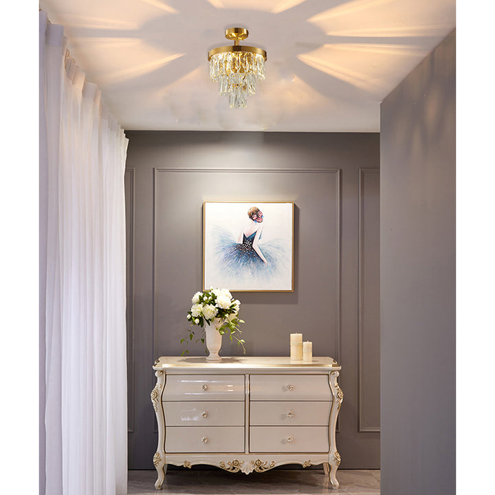 Three Tier Chandelier with Clear Hanging Crystals &amp; Gold Hardware