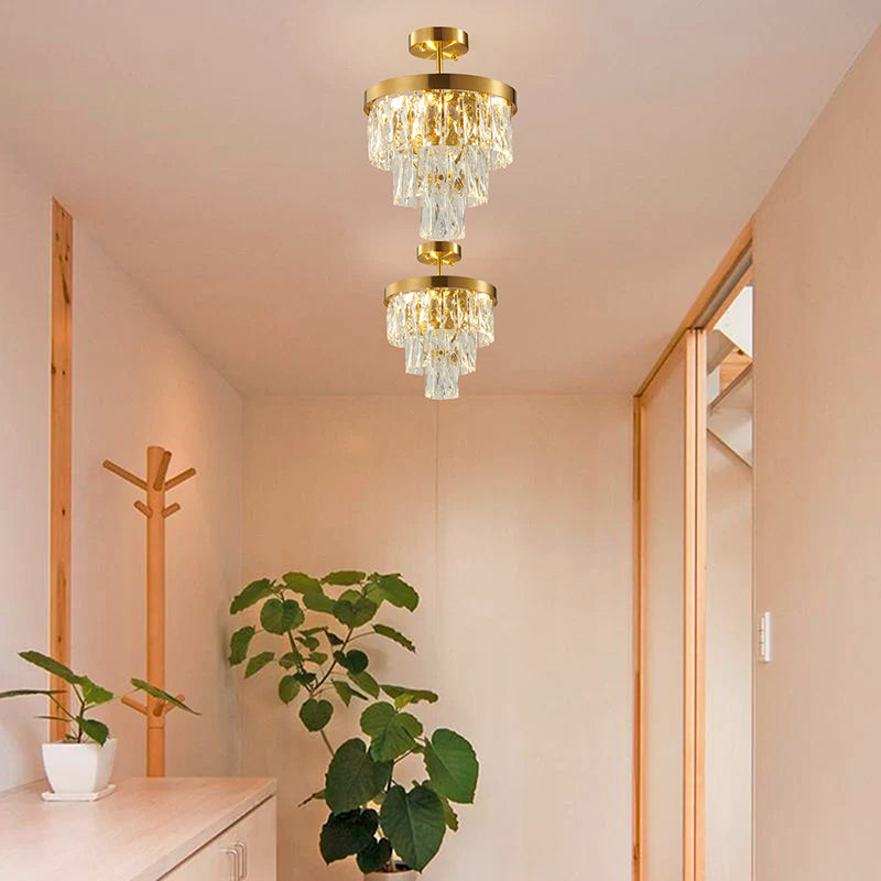 Three Tier Chandelier with Clear Hanging Crystals &amp; Gold Hardware