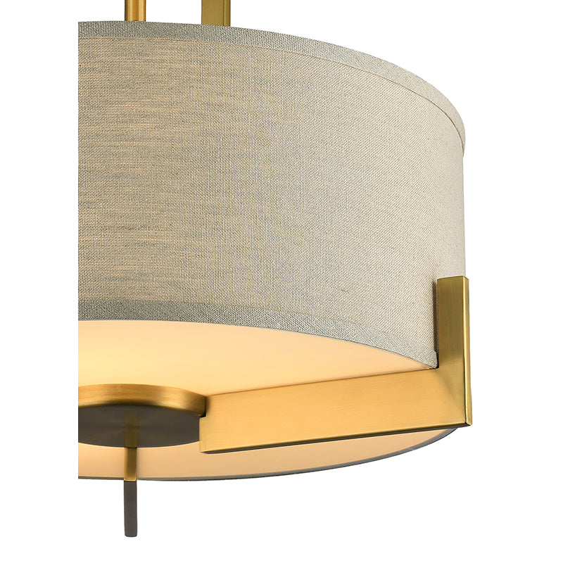 Antique Brass Hairlined Semi Flush Mount with Natural Linen Drum Shade Not