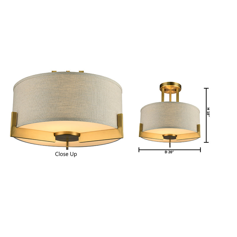 Antique Brass Hairlined Semi Flush Mount with Natural Linen Drum Shade Not