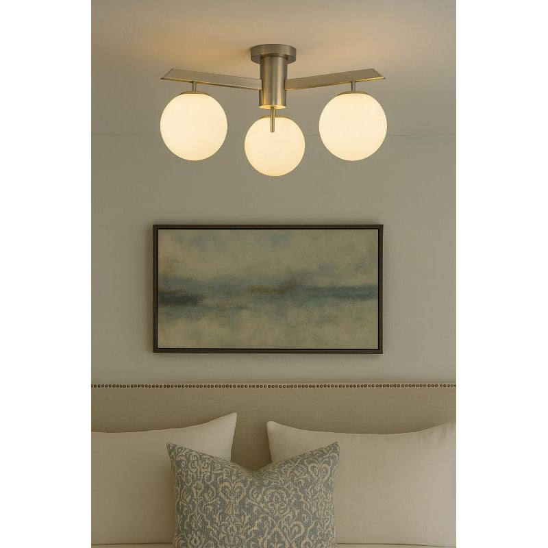 Milk White Glass Shade Semi Flush Mount with Shiny Nickel Frame by Bethel - view 4
