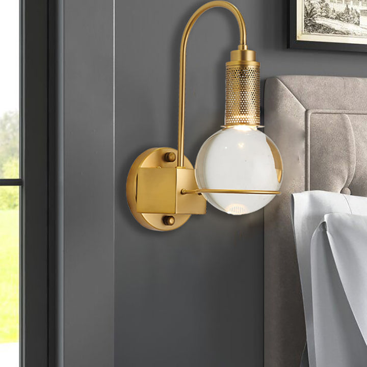 Antique Brass Arched Arm Wall Sconce with Clear Crystal Ball by Bethel - view 7