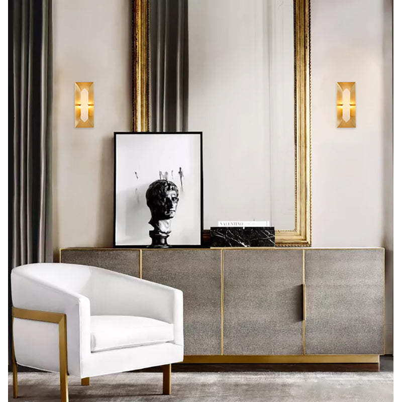 Gold Metal Frame Wall Sconce with White Alabaster Stone Center by Bethel - view 8