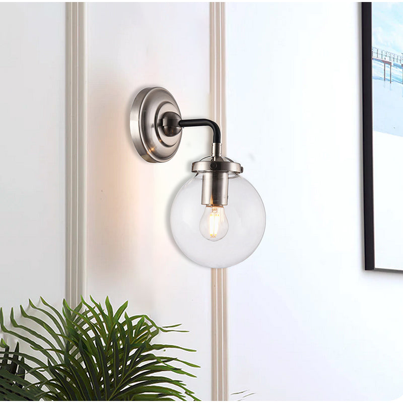Polished Nickel and Black Frame Wall Sconce with Clear Glass Globe Shade by Bethel - view 4