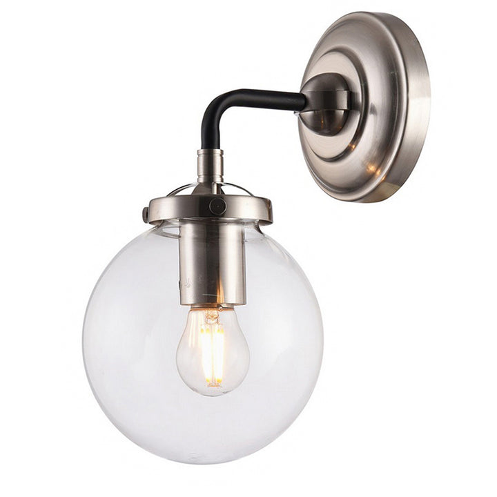 Polished Nickel and Black Frame Wall Sconce with Clear Glass Globe Shade by Bethel - view 5