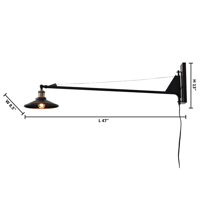 Black Extended Arm Wall Lamp with Antique Brass Hardware Arm by Bethel - view 4