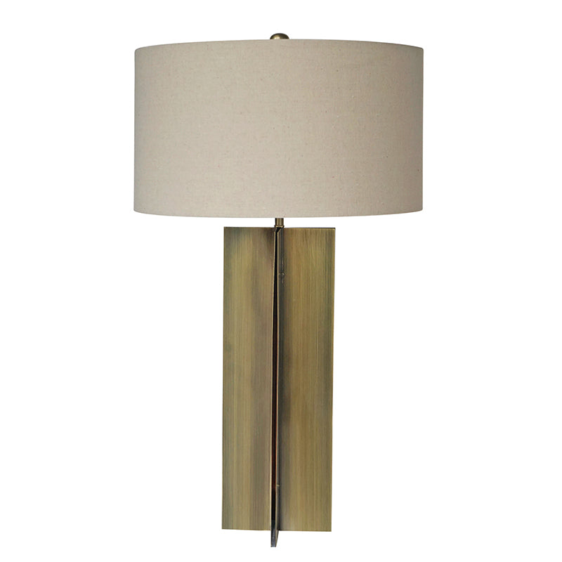 Antique Brass Metal Frame Table Lamp with Beige Linen Drum Shade by Bethel