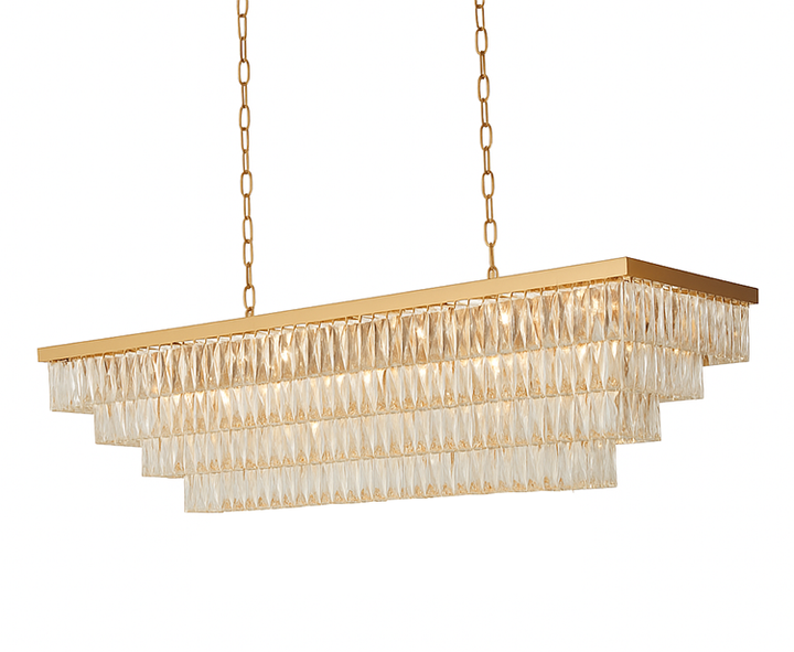 Rectangular Frame Chandelier with Three Tiers of Clear Hanging Crystals in Gold by Bethel