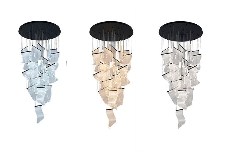 Flushed Chandelier with Acrylic Crumbled Sheet Hanging Pendants in Satin Black by Bethel