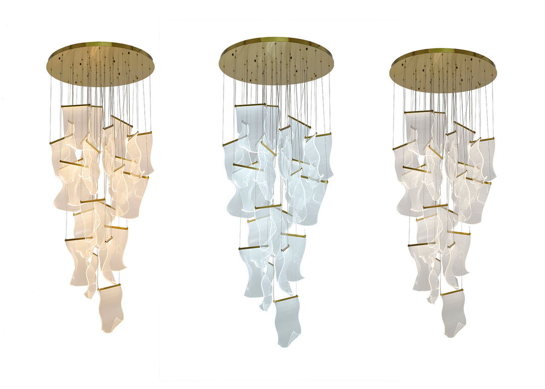 Flushed Chandelier with Acrylic Crumbled Sheet Hanging Pendants in Brass by Bethel