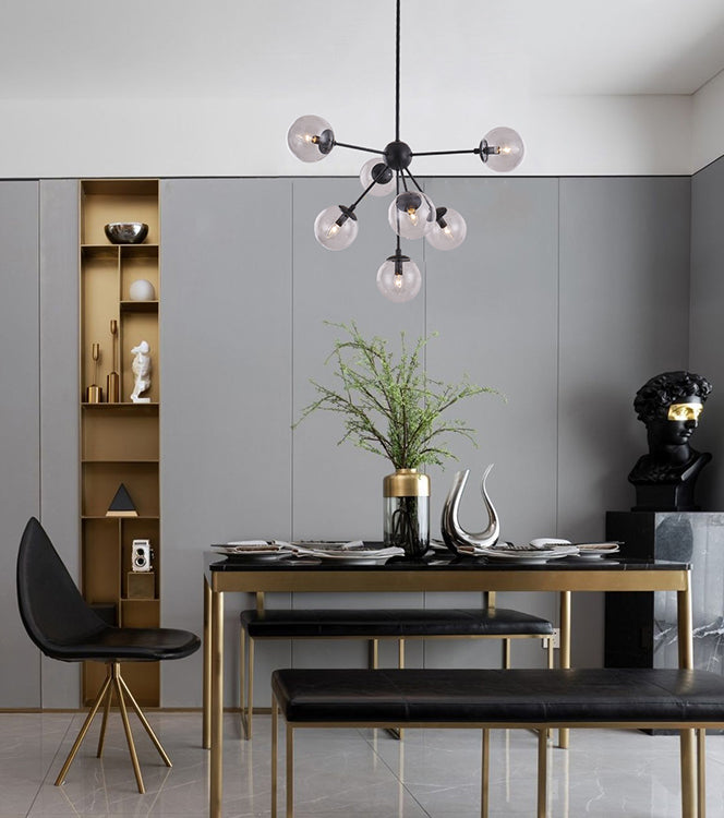 Black Metal Frame Ceiling Fixture with Clear Glass Globe Shades by Bethel - view 4