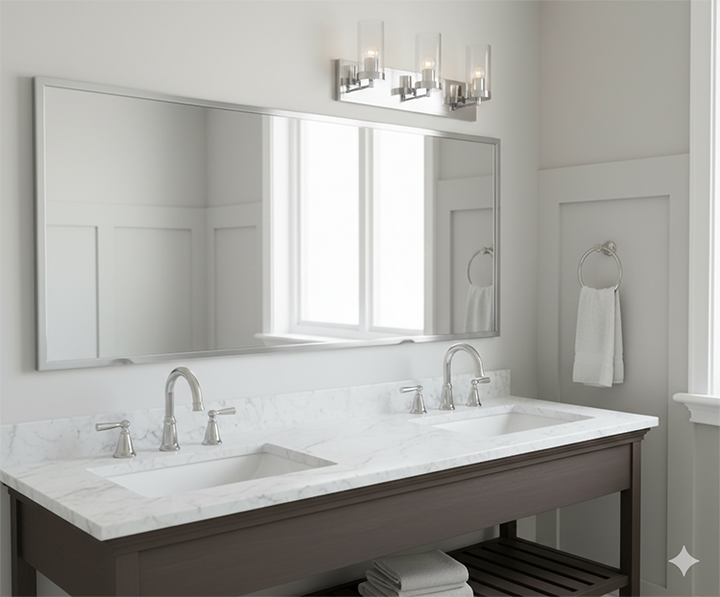 Three Light Chrome Frame Wall Sconce with Clear Glass Cylinder Shades by Bethel - view 5