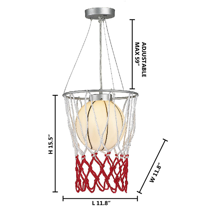 White Glass with Black Accents Basketball Ceiling Fixture with Red &amp; White