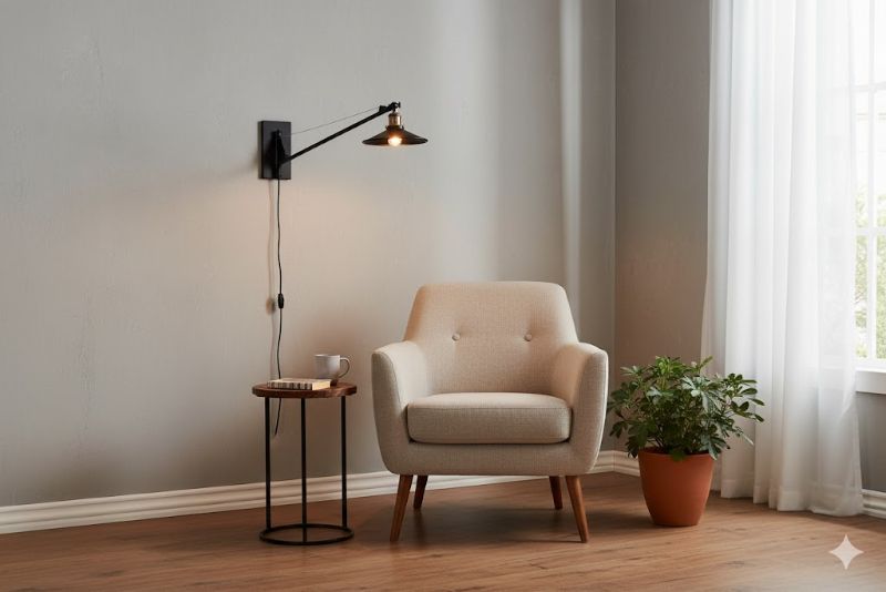 Black Extended Arm Wall Lamp with Antique Brass Hardware Arm by Bethel - view 6