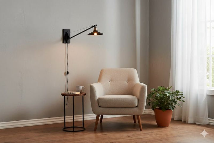 Black Extended Arm Wall Lamp with Antique Brass Hardware Arm by Bethel - view 6