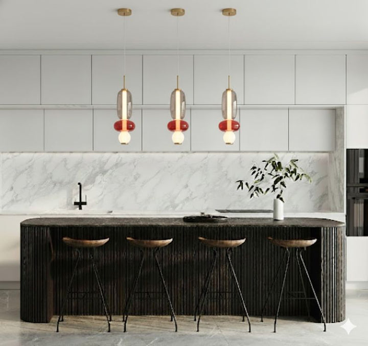 White, Grey, &amp; Red LED Glass Pendant Light with Gold Hardware