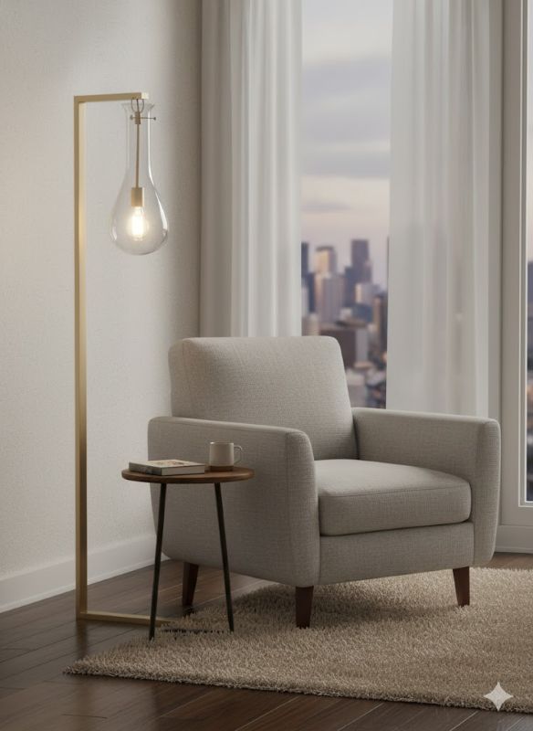 Brass Metal Color Frame Floor Lamp with Clear Tear Drop Glass Shade by Bethel - view 4
