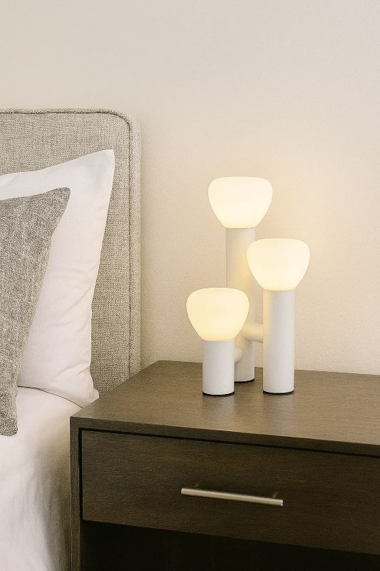 White Metal Frame Table Lamp with White Opal Glass Shades by Bethel - view 6