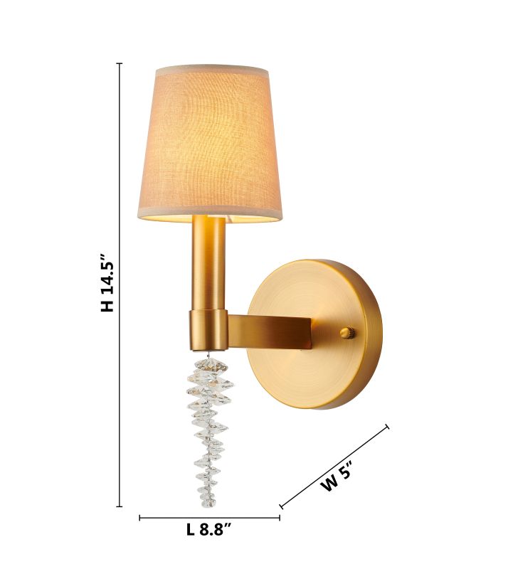 Brass Iron Frame Wall Sconce with Beige Shade and Clear Hanging Crystal by Bethel - view 5