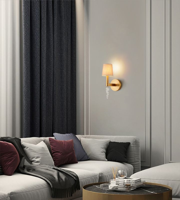 Brass Iron Frame Wall Sconce with Beige Shade and Clear Hanging Crystal by Bethel - view 6