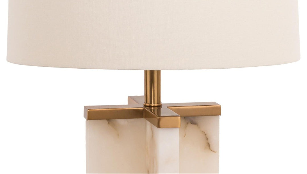 White Marble Table Lamp with Gold Hardware &amp; a White Drum Shade