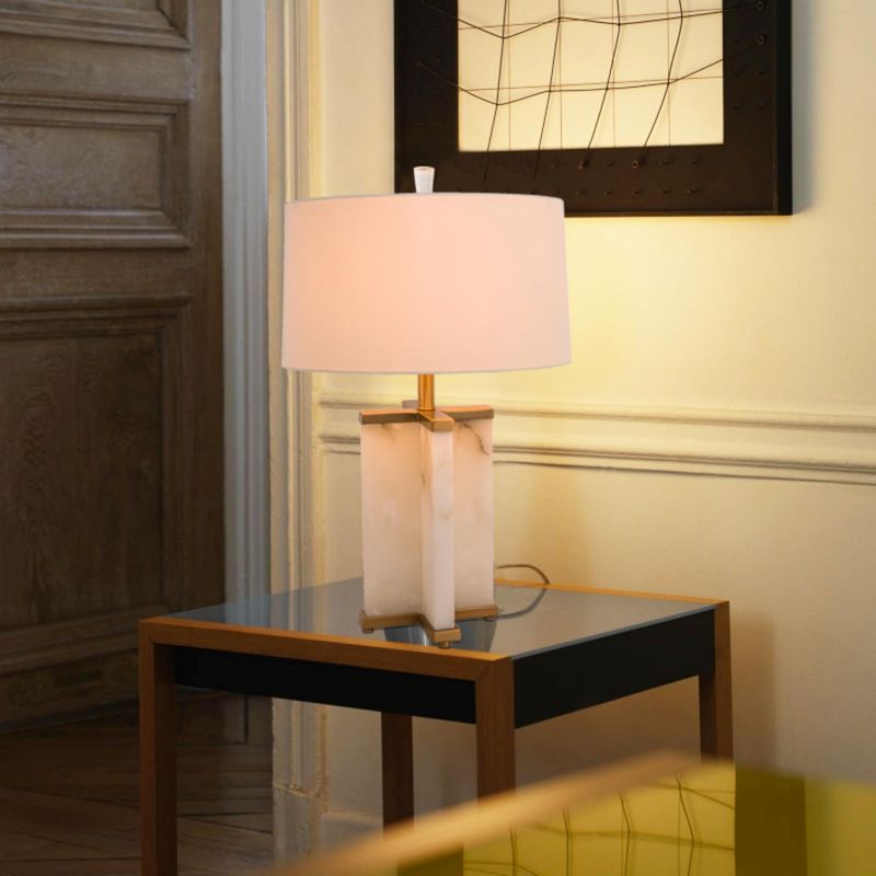White Marble Table Lamp with Gold Hardware &amp; a White Drum Shade