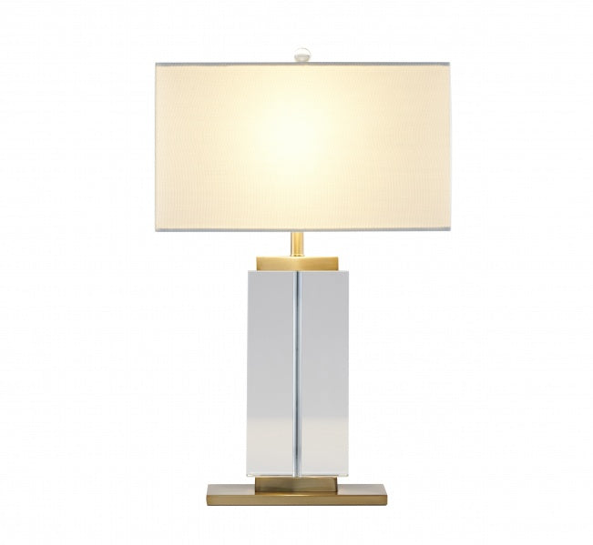 Clear Crystal Column Table Lamp with Gold Metal Frame and White Shade by Bethel