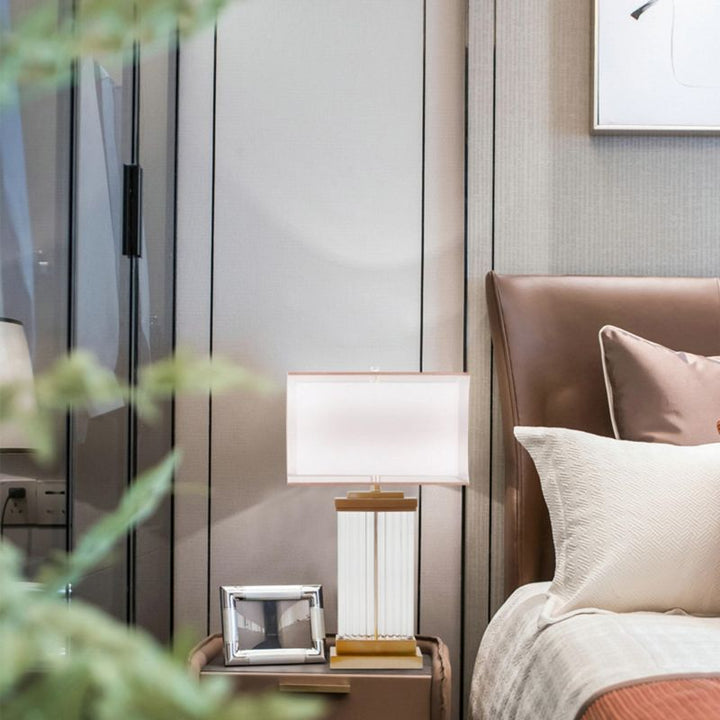 Clear Crystal Column Table Lamp with Gold Metal Frame and White Shade by Bethel - view 4