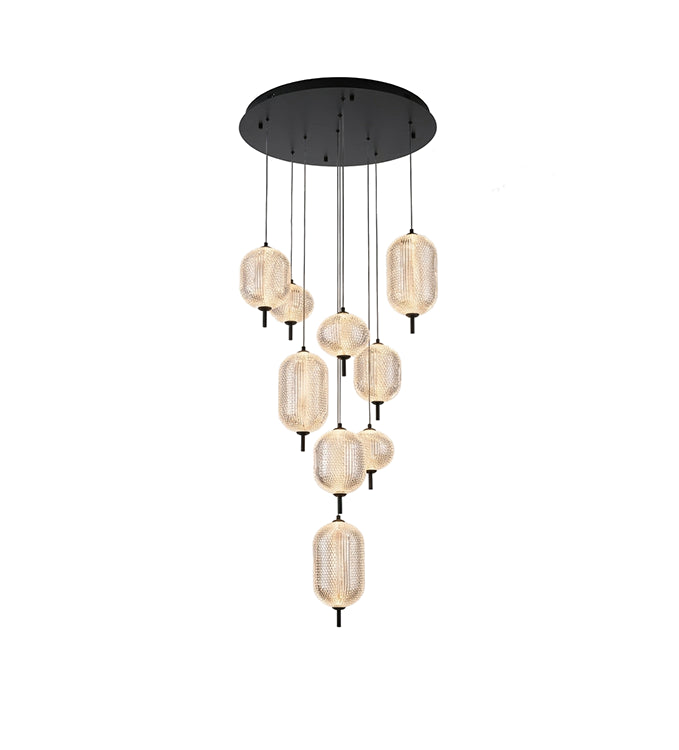 Flushed Brass Frame Chandelier with Hanging Clear Pendants in Satin Black by Bethel