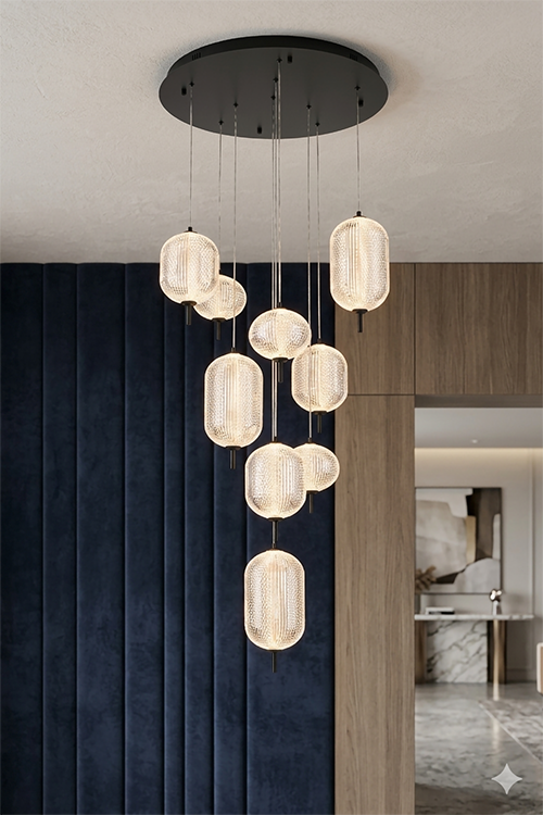 Flushed Brass Frame Chandelier with Hanging Clear Pendants by Bethel - view 7