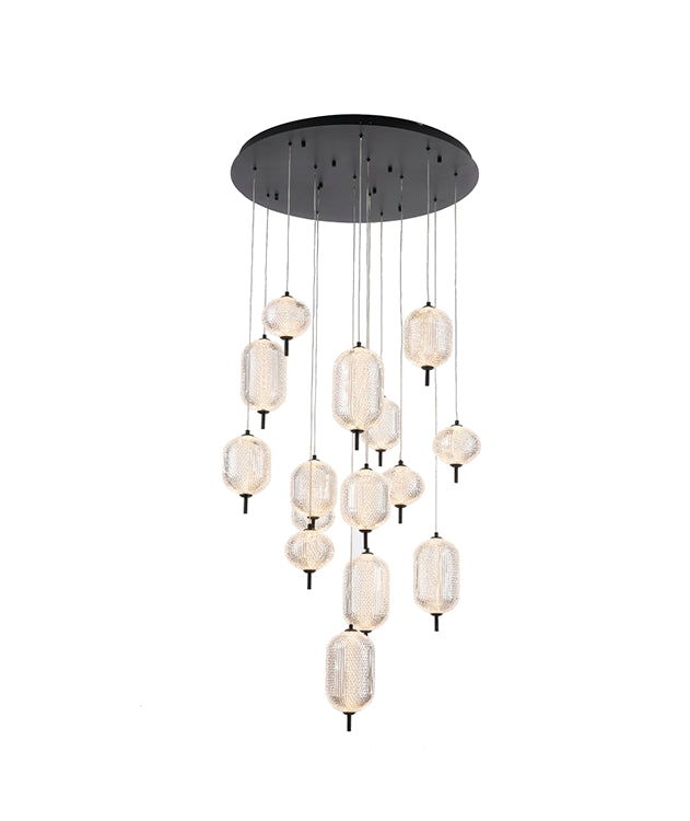 Flushed Brass Frame Chandelier with Hanging Clear Pendants in Satin Black by Bethel