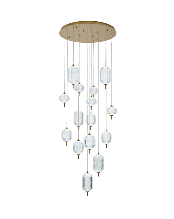 Flushed Brass Frame Chandelier with Hanging Clear Pendants in Satin Brass by Bethel