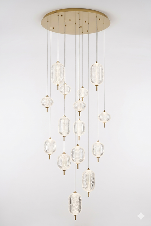Flushed Brass Frame Chandelier with Hanging Clear Pendants by Bethel - view 25