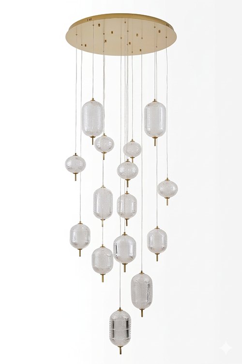 Flushed Brass Frame Chandelier with Hanging Clear Pendants by Bethel - view 26